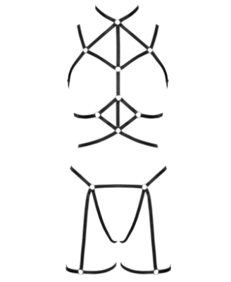 Ensemble 3 pièces soutien-gorge harnais, porte-jarretelles et string 